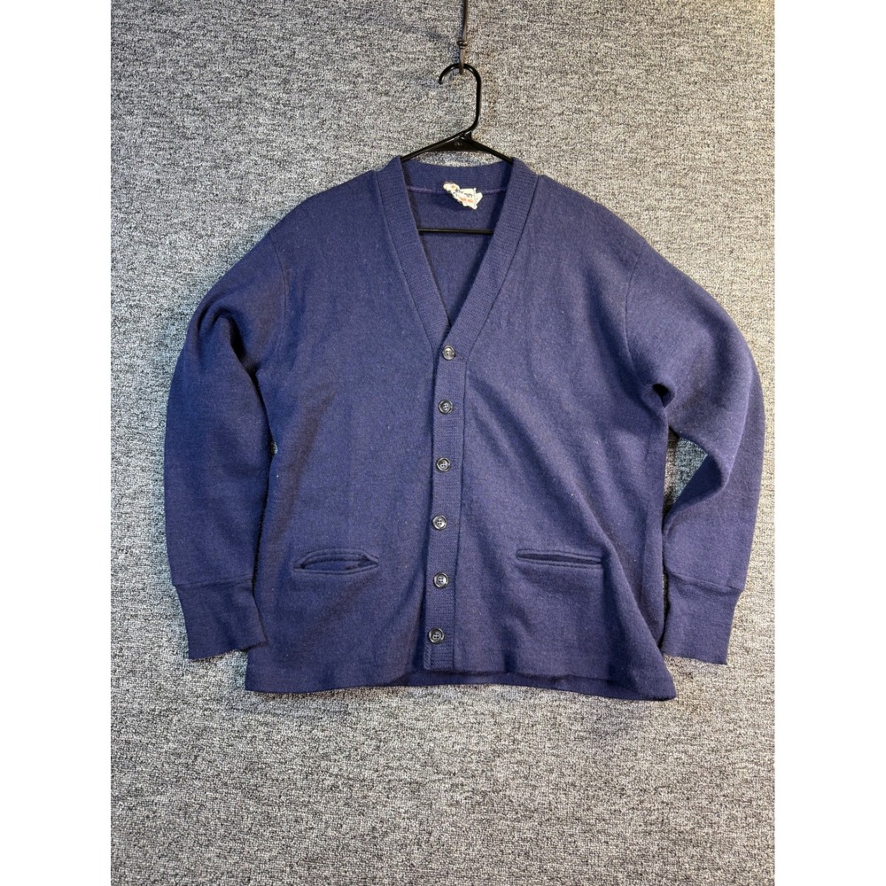 Vintage Indian Brand Navy Blue 100% Virgin Wool Cardigan Sweater Mens 48 XL